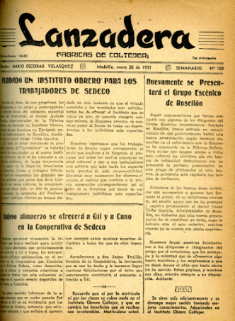 Lanzadera. Reproducción fotográfica de original, semanario de la empresa Colombiana de Tejidos –Coltejer-. Medellín, enero 26 de 1951, No. 109 (portada). SA-BPP.
